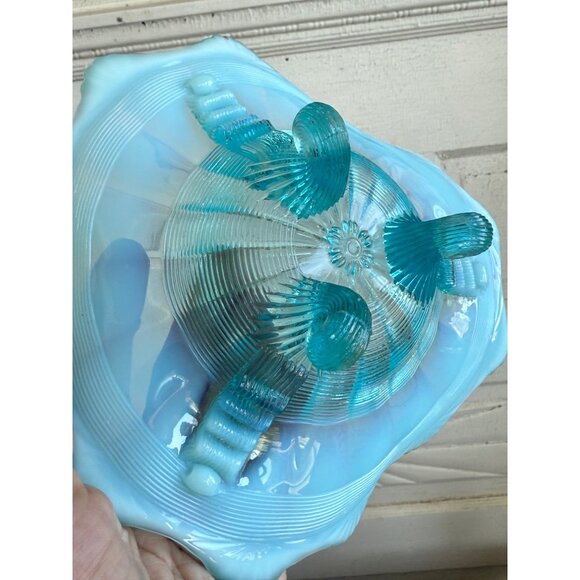 Vintage 50's Northwood Glass Klondyke Blue Opalescent Footed Candy/trinket Dish - Picture 3 of 9